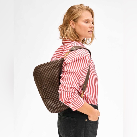 NWT Clare V Moyen Messenger Mahogany Nappa & Suede Woven Checker - Picture 4 of 9